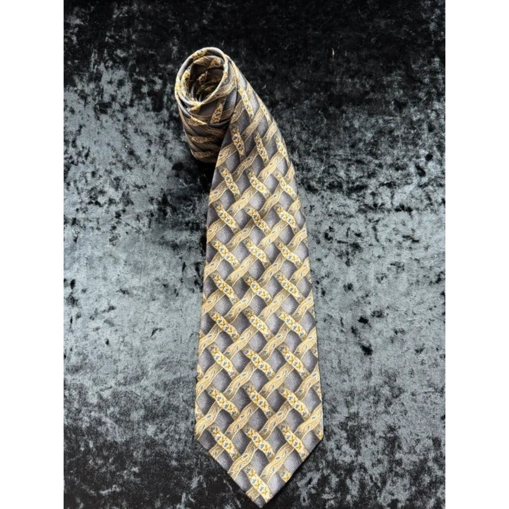 Barrington 100% Silk Tie Made Italy Gray Gold Blue Geometric 3.5" Wide